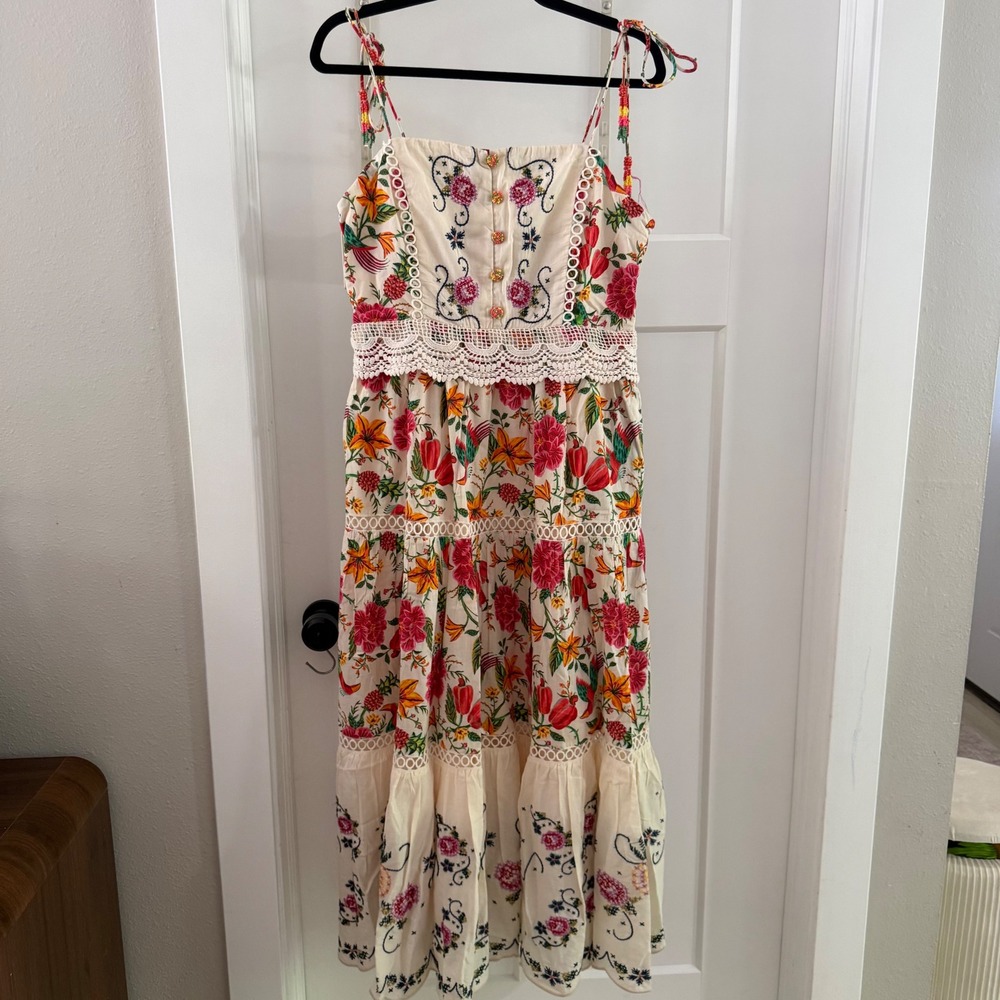 Farm Rio Toucans Garden Embroidered Maxi Dress Cream Floral Beaded Tassels M
